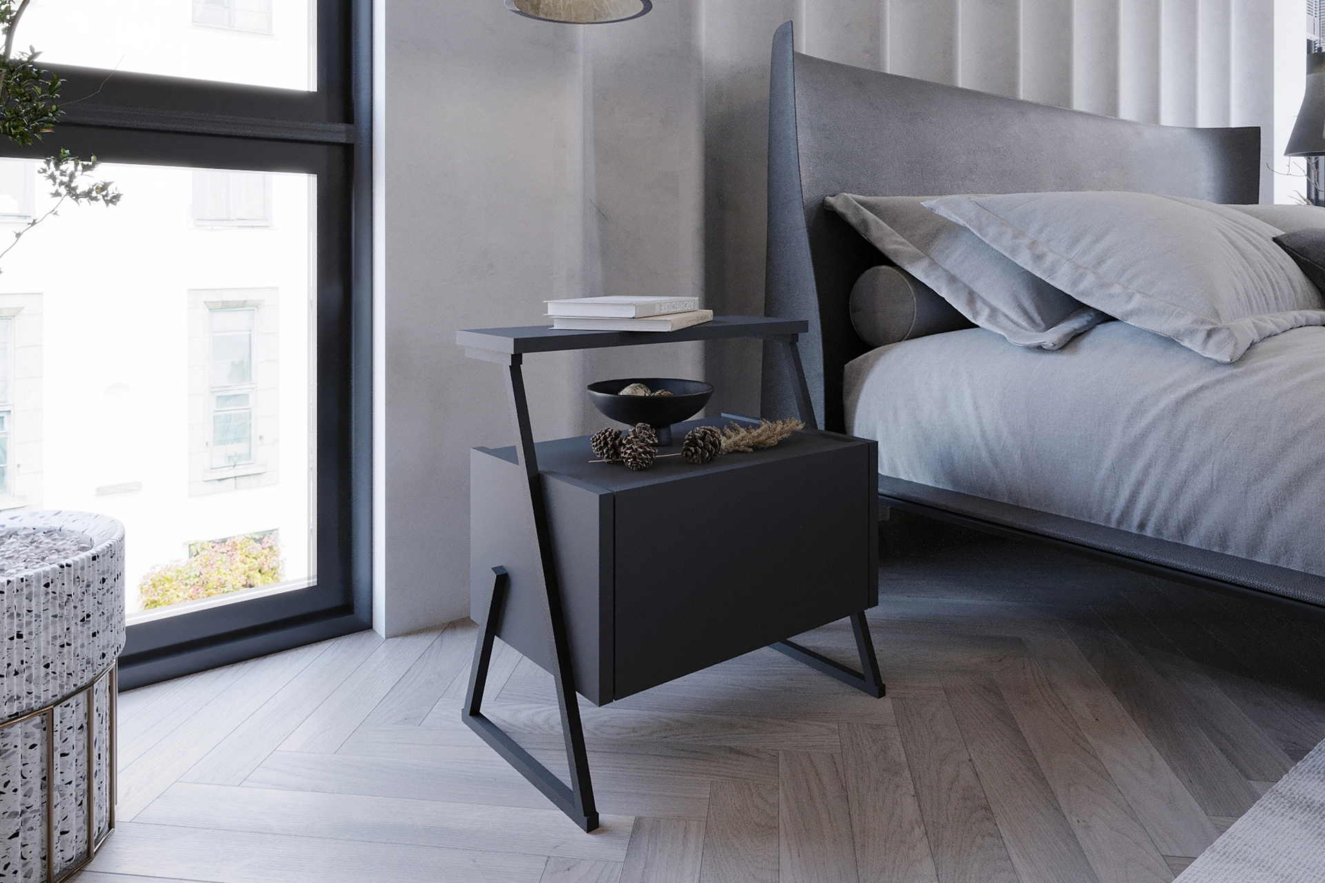 Mat Siyah Gazetelikli Komodin