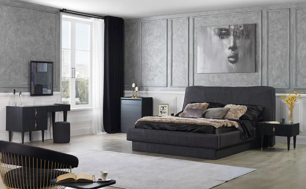 Siyah Fitilli Kadife Bazalı Karyola